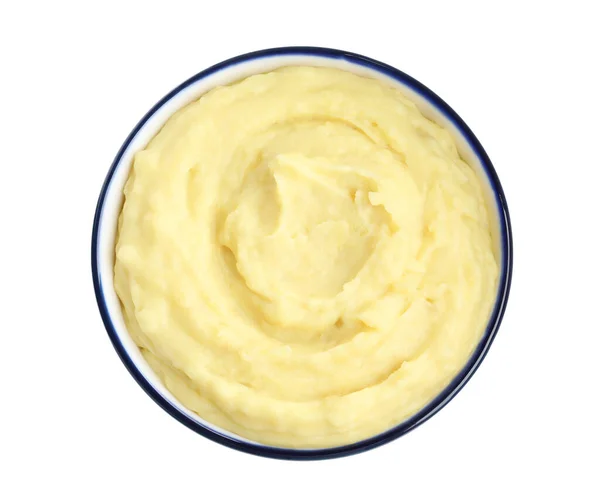 Bowl Tasty Mashed Potatoes Isolated White Top View — Φωτογραφία Αρχείου