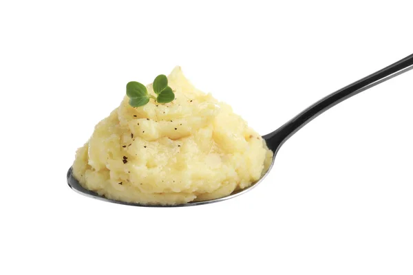 Spoon Tasty Mashed Potatoes Microgreen Black Pepper Isolated White — Stock Photo, Image