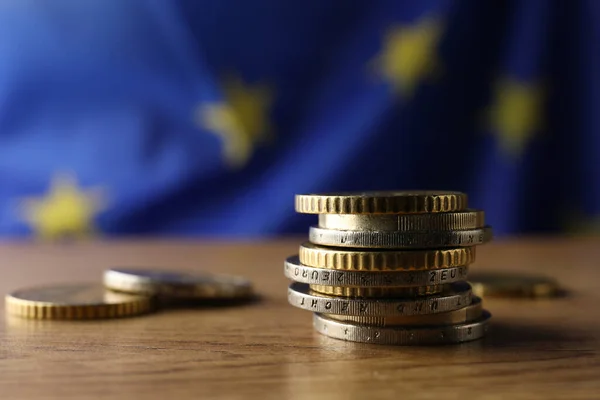 Coins Wooden Table European Union Flag Closeup Space Text — Foto de Stock
