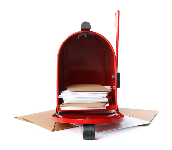 Open Red Letter Box Correspondence White Background — Stockfoto