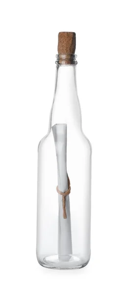 Fles Van Kurkglas Met Opgerold Papier Witte Ondergrond Stockfoto