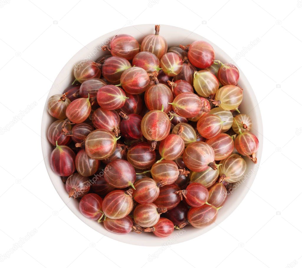 Bowl full of ripe gooseberries isolated on white, top view