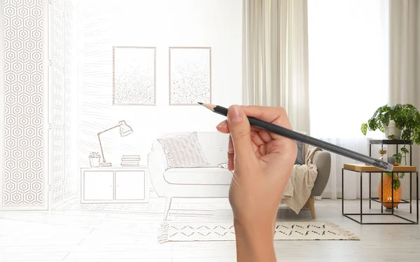 Woman Drawing Living Room Interior Design Closeup Combination Photo Sketch — Stockfoto