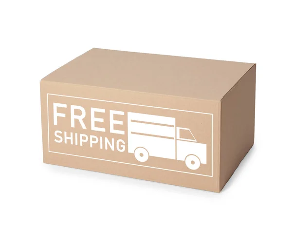 One Closed Cardboard Box Isolated White Free Shipping — Foto Stock