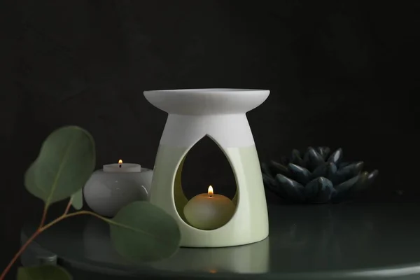 Aroma Lamp Small Candle Black Table — Stock Photo, Image