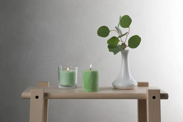 Scented Candles Vase Eucalyptus Branch Wooden Table — Stock Photo, Image