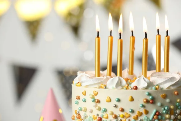 Beautiful Birthday Cake Burning Candles Blurred Background Closeup Space Text — Stok fotoğraf