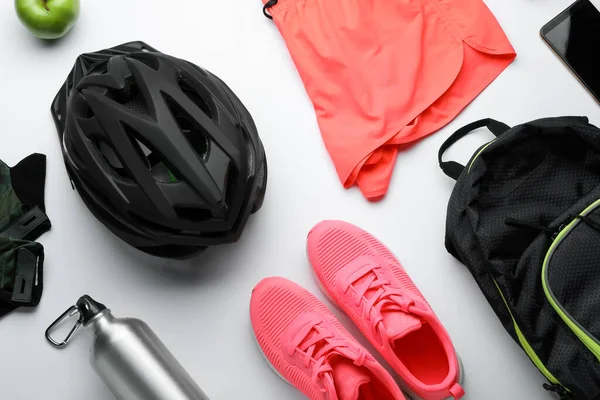 Flat Lay Composition Different Cycling Accessories Clothes White Background — Foto de Stock