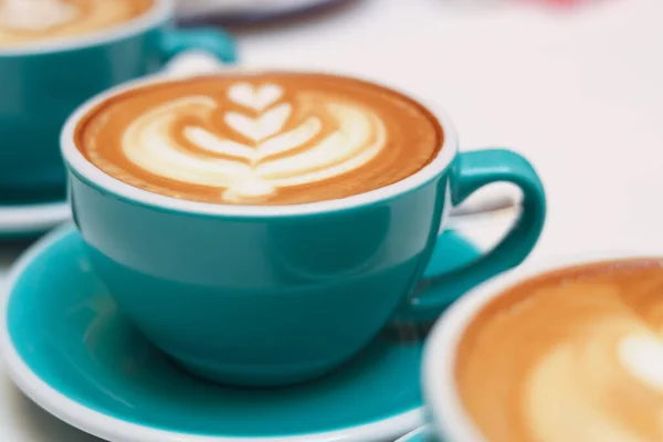 Cups Aromatic Coffee Beige Background Closeup — Stok Foto
