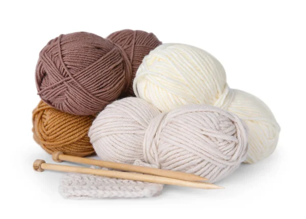 Soft Woolen Yarns Knitting Needles White Background — Foto de Stock