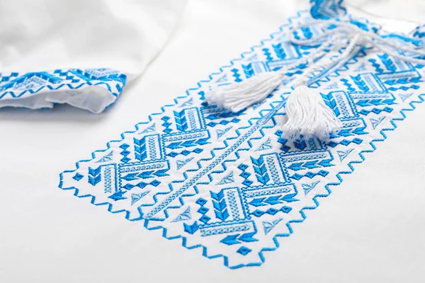 Beautiful White Shirt Light Blue Ukrainian National Embroidery Closeup — Fotografia de Stock