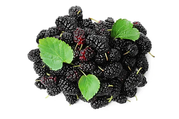 Pile Ripe Black Mulberries White Background Top View — Stock Photo, Image