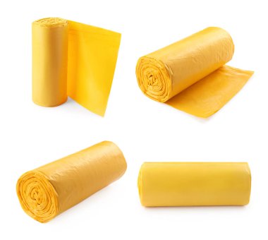 Beyaz arkaplanda çöp torbası ruloları ile ayarla