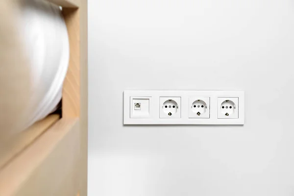 Power Sockets White Wall Indoors Electrical Supply — Foto de Stock