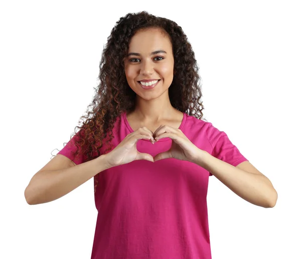 Happy Young African American Woman Making Heart Hands White Background — Foto de Stock