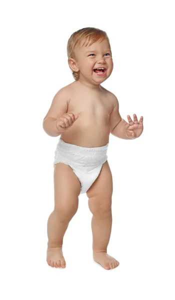 Cute Baby Diaper Learning Walk White Background —  Fotos de Stock