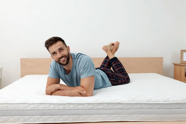 Happy Man Bed Comfortable Mattress Home — Photo