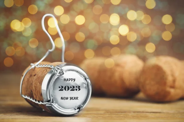 Cork Sparkling Wine Muselet Cap Engraving Happy 2023 New Year — стоковое фото