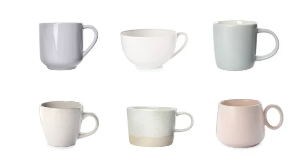 Set Different Beautiful Cups White Background — 스톡 사진