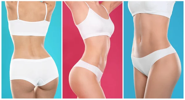 Collage Photos Woman Wearing White Underwear Different Color Backgrounds Banner — Stok fotoğraf