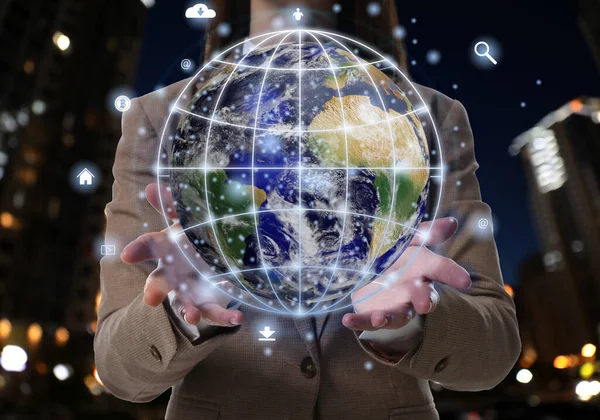 Global Network Woman Holding Virtual Model Earth Internet Connection Lines — Stockfoto