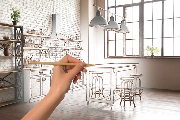 Woman Drawing Kitchen Interior Design Closeup Combination Photo Sketch — Foto de Stock