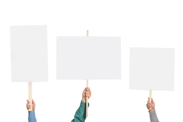 Group People Holding Blank Protest Signs White Background Closeup — Photo