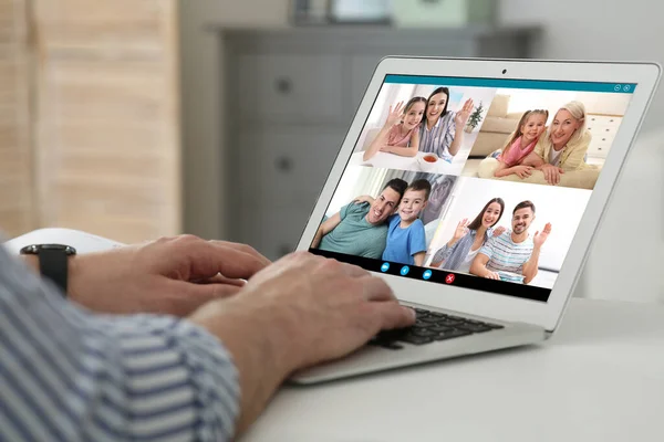 Man Having Online Meeting Family Members Videocall Application Home Closeup — kuvapankkivalokuva