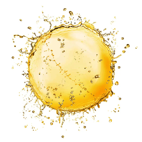 Abstract splash of golden oily liquid on white background