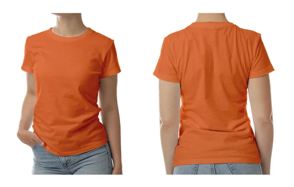 Woman Wearing Orange Shirt White Background Back Front View Mockup — Stock Photo, Image