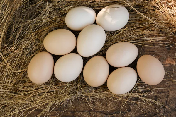 Fresh Raw Eggs Straw Wooden Surface Flat Lay — Foto de Stock