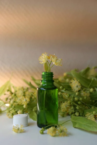 Bottle Essential Oil Linden Blossoms White Table — Stockfoto