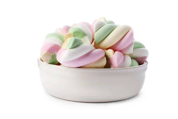 Delicious Colorful Marshmallows Bowl Isolated White — Photo