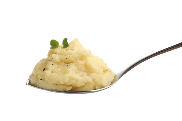 Spoon Tasty Mashed Potatoes Microgreen Black Pepper Isolated White — Stock Photo, Image