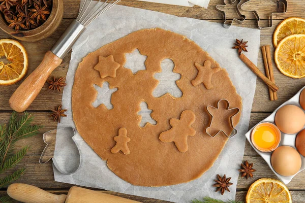 Flat Lay Composition Dough Cookie Cutters Wooden Table Christmas Biscuits — 图库照片