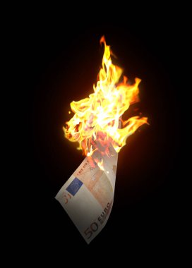 One euro banknote burning on black background