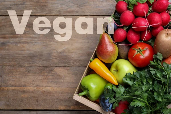 Word Vegan Fresh Vegetables Fruits Wooden Background Top View —  Fotos de Stock
