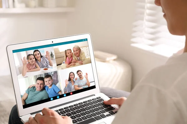 Man Having Online Meeting Family Members Videocall Application Home Closeup — стоковое фото