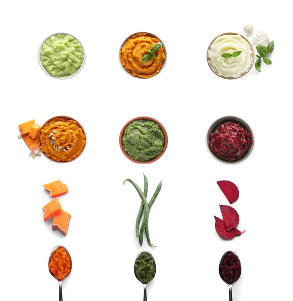 Set Different Tasty Vegetable Puree White Background Top View — Stock Fotó