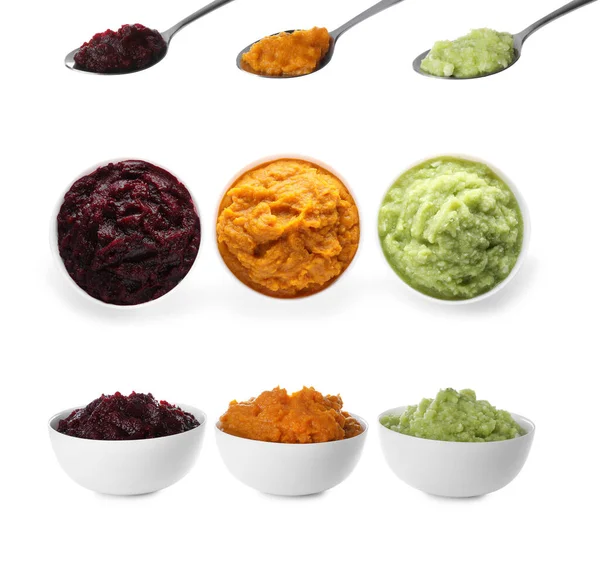 Set Different Tasty Vegetable Puree White Background — Stock fotografie