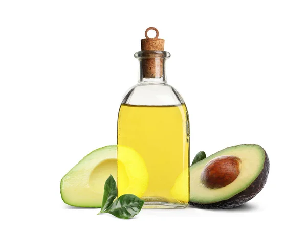 Cooking Oil Ripe Avocados White Background — Stockfoto