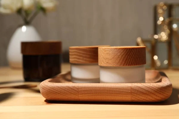 Jars Cream Tray Wooden Table Closeup — Φωτογραφία Αρχείου
