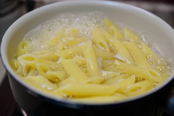 Cooking Tasty Pasta Pot Closeup View — стоковое фото