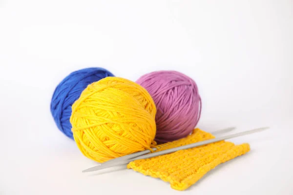 Soft Woolen Yarns Knitting Needles White Background — стоковое фото