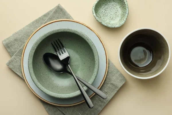 Stylish Empty Dishware Cutlery Beige Background Flat Lay — 图库照片