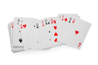 Deck of playing cards isolated on white, top view. Poker game