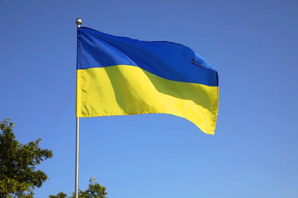 Národní Vlajka Ukrajiny Proti Modré Obloze — Stock fotografie