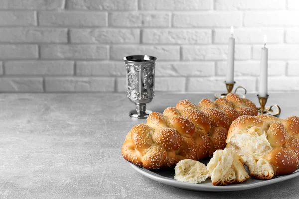 Homemade Braided Bread Sesame Seeds Goblet Grey Table Space Text — 스톡 사진