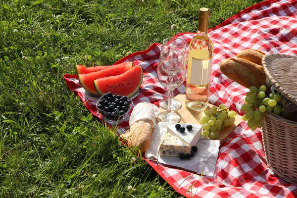 Пікнік Смачною Їжею Вином Відкритому Повітрі Літній День Простір Тексту — стокове фото