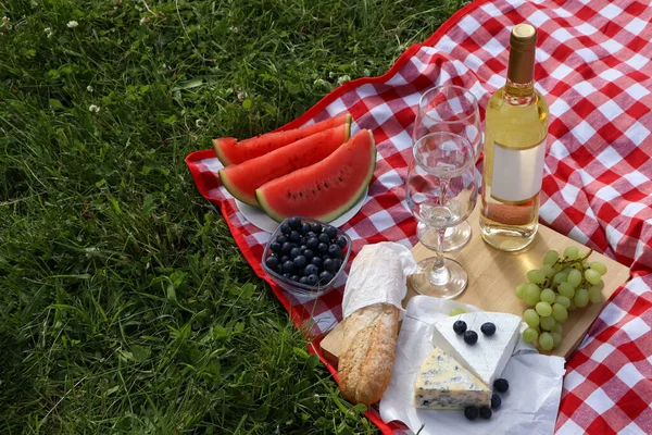 Picnic Blanket Delicious Food Wine Outdoors Summer Day Space Text — Zdjęcie stockowe